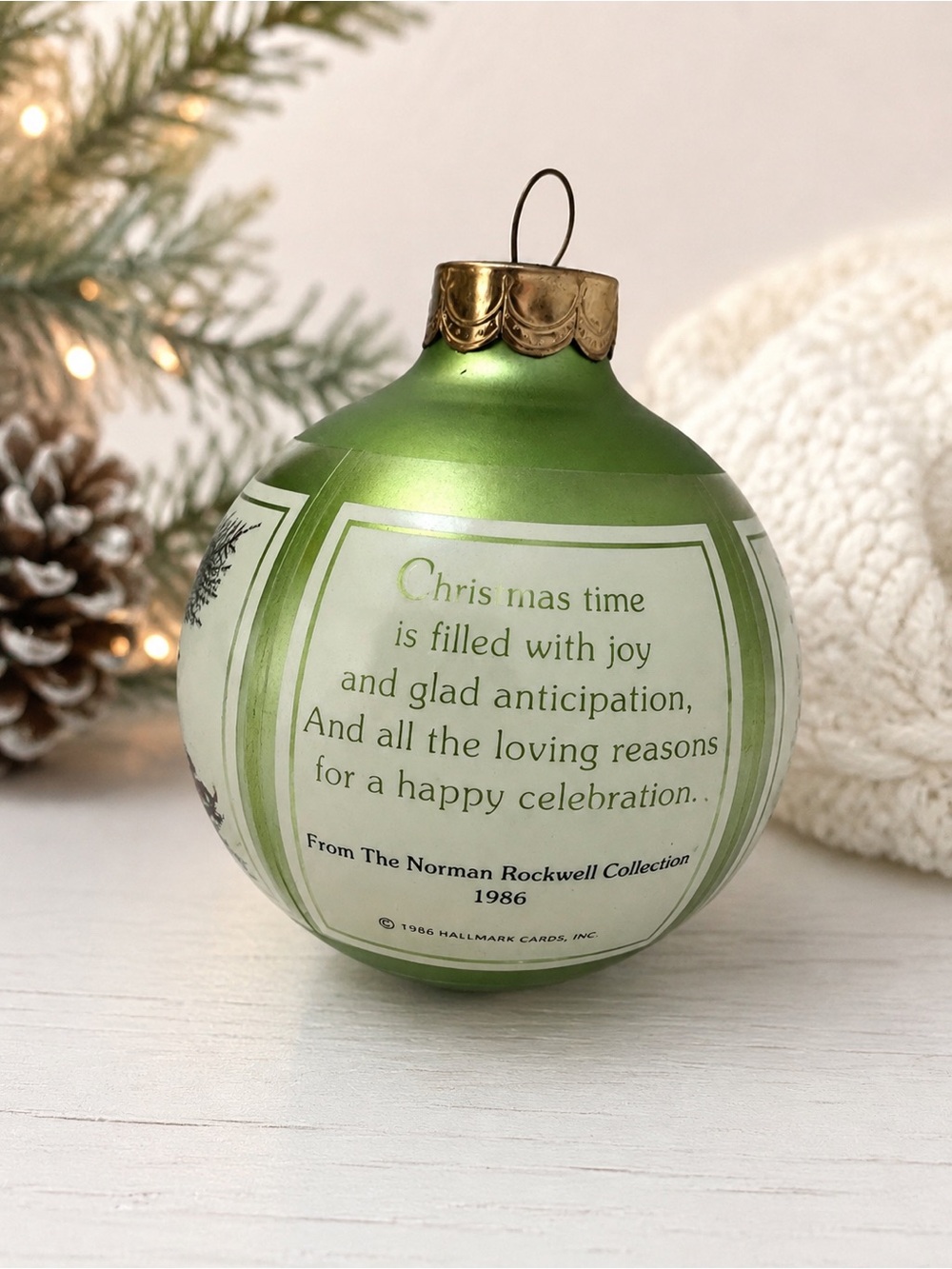 Hallmark 1986 Norman Rockwell Collection Green and Gold Holiday Glass Ornament